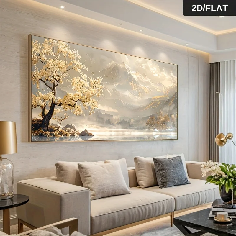 Frameless 2D Flat,Frameless Modern Abstract Printing Golden Tree and Mountain Canvas Painting,Large Size,Elegant Living Room,Bed