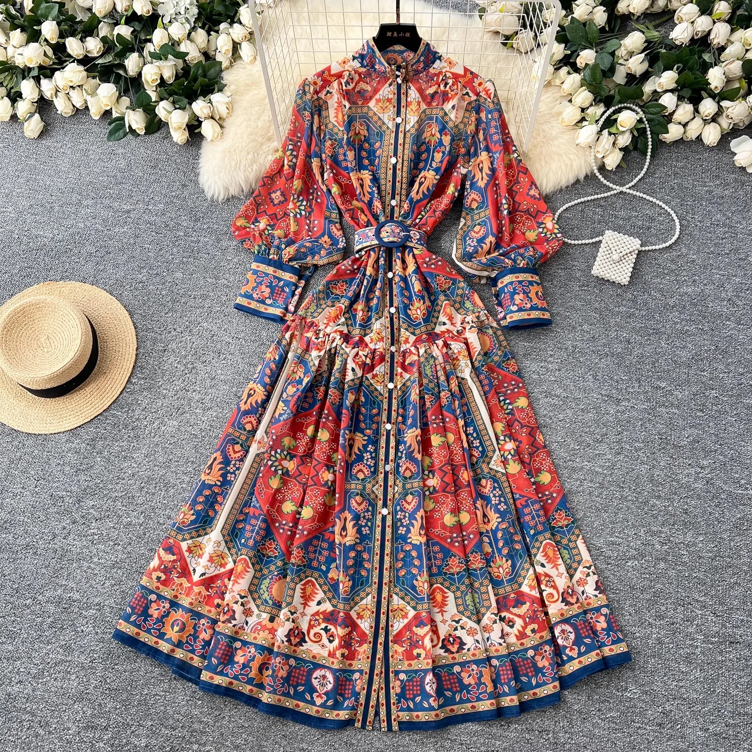

Fashion Bohemain Flower Maxi Dress Women's Stand Collar Long Lantern Sleeve Single Breasted Floral Print Belt Boho Robe Vestido