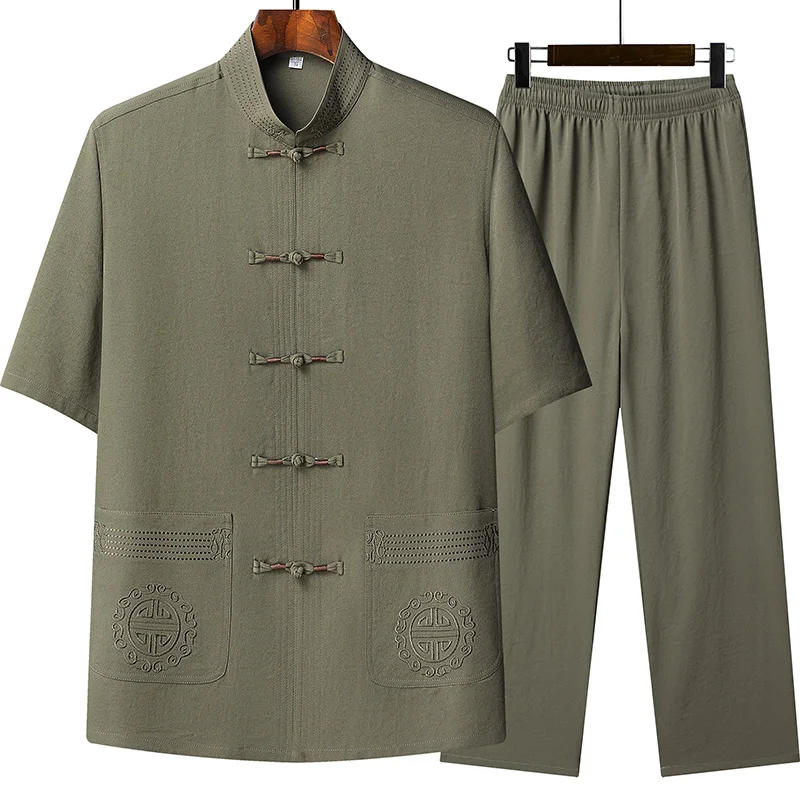 Tang Suit (Top + Pants) Men's Fashion Business Collar Embroidered Disc Buckle Chinese Style Lay Dress Han Dress Tai Chi Suit