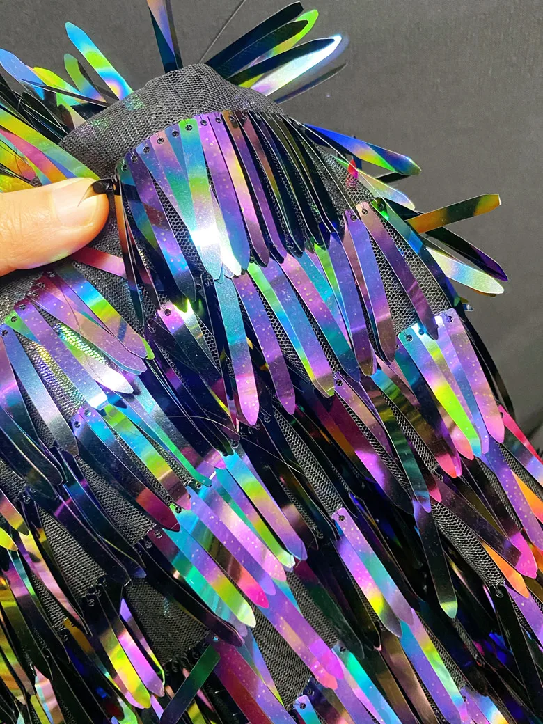 1Yard price Dancing fairy tassel long sword shape phantom pink sequin fabric dress performance suit designer fabric