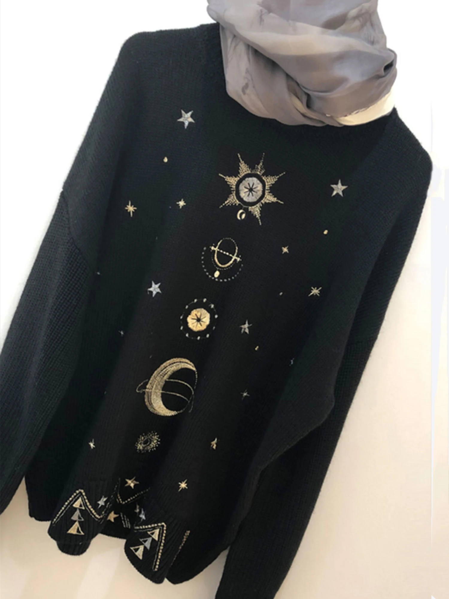 Design Starry Sky Embroidery Sweater High-End 2024 New Autumn Winter Loose Jumper Women Sweater Pullover Knit Top Runway C-055