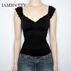 IAMHOTTY Chic Elegant Ruched Deep V-neck Tank Top Women French Style Slim-fitting Camisole Vintage Streetwear Casual Basic Vest