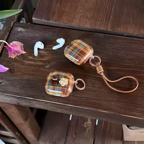 Korean Ins Brown Grid 3D Bear Stars Headphone Case Protective Cover For A-Apple AirPods Earphone Case 2 3 4 Pro Pro2 With Hook