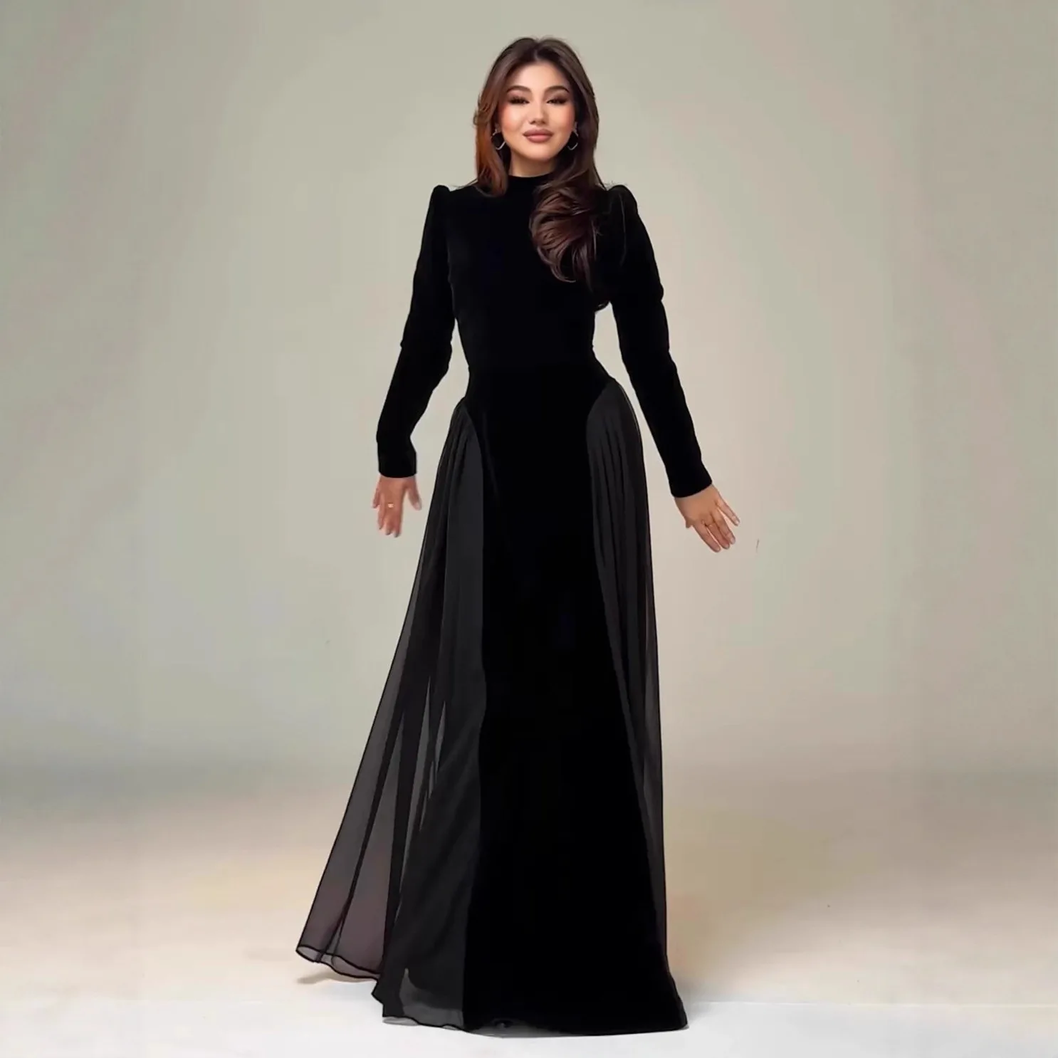 Women's Velvet Chiffon Paneled Long Dress - close-up view