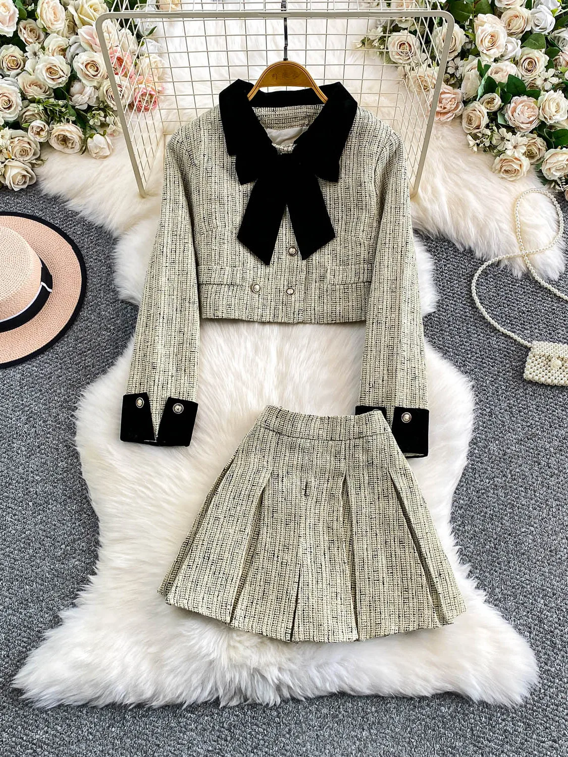 

Women's Autumn Winter Velvet Knot Tweed Slimming Skirt Set High Waist Plaid Long Sleeve Button up Fashion Ensemble