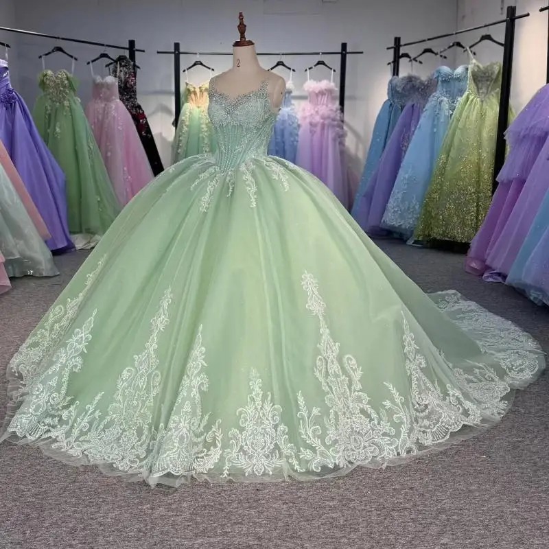 

Customized Shiny Mint Green round neck Quinceanera Dress Tull Lace applique pearl crystal vestidos de 15 Quinceanera