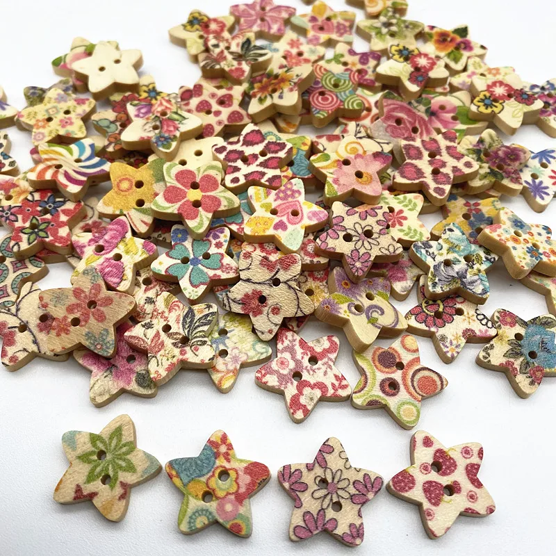 30pcs Wooden five-pointed star love button DIY Handmade Scrapbook Wedding Decoration Sewing Accessories