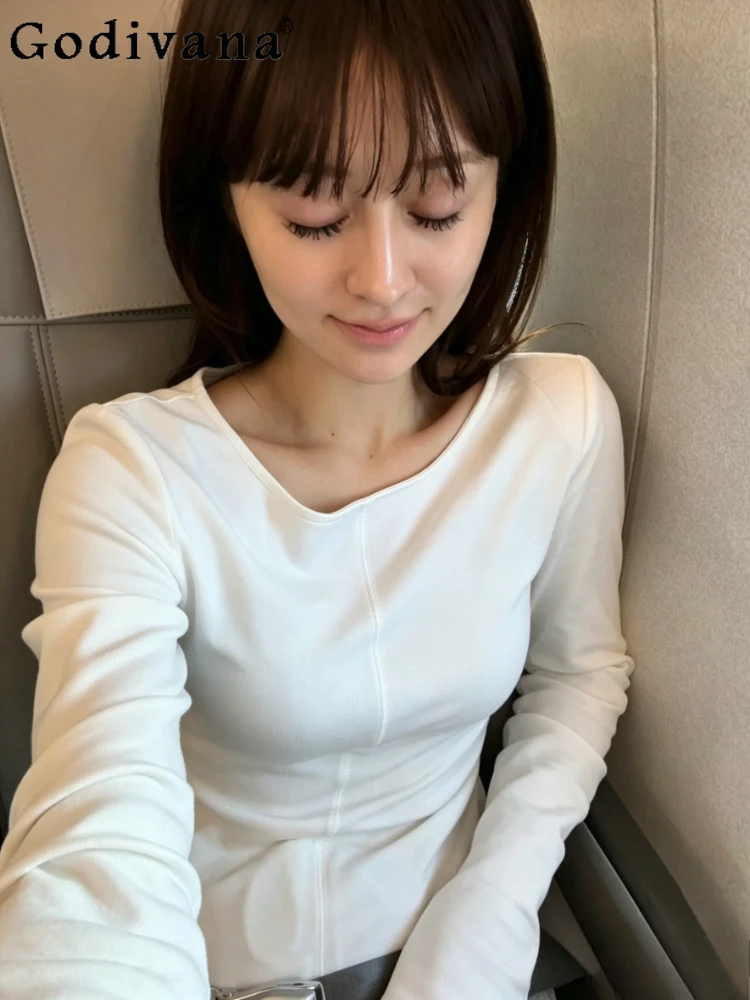 

Весенние женские белые базовые лонгсливы в японском стиле, повседневные универсальные футболки, милые женские топы