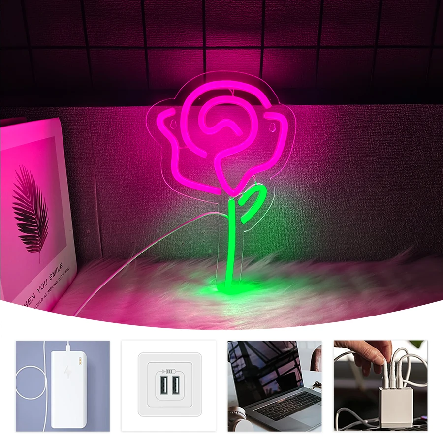 لافتة نيون LED على شكل زهرة، وردة وردية مع أيقونة جذعية خضراء، تستخدم لغرفة النوم، والإكسسوارات المنزلية، ومتجر الزهور، والحفلات، وديكور العطلات. #4