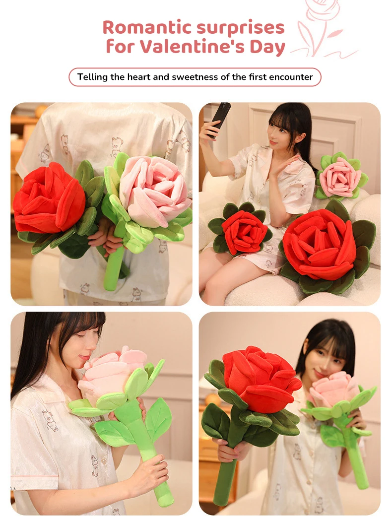 Kawaii Plush Rose Flower Pillow Toy Plushie Stuffed Doll Room Decorative Valentine's Day Anniversary Birthday Gifts for Girls
