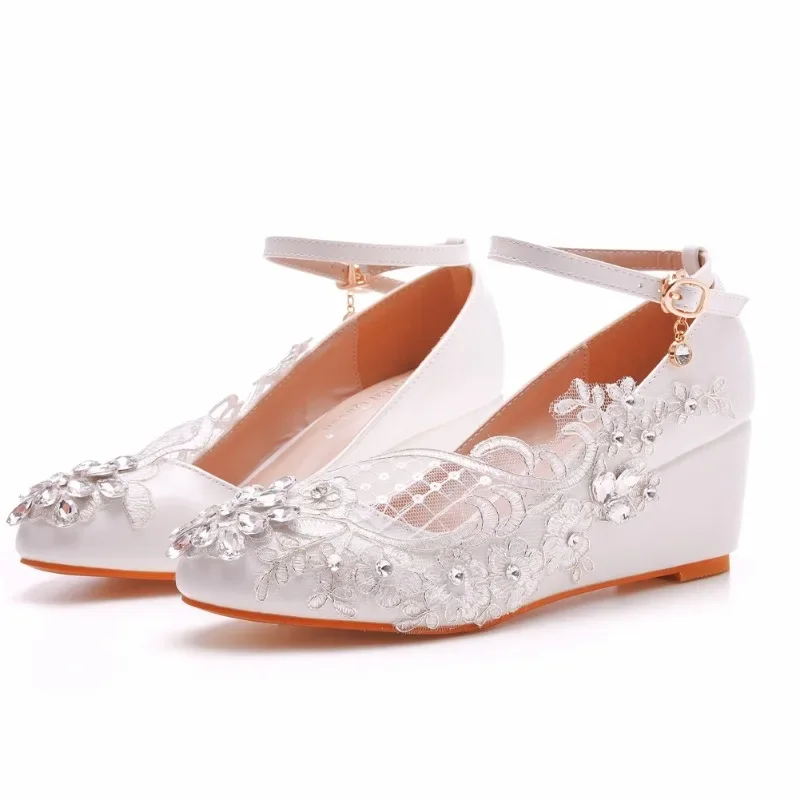 Pumps Women Shoes Round Toe Rhinestone Buckle Strap PU 5CM Wedges Heels Dress Sandals Japanese Style Women Shoes White