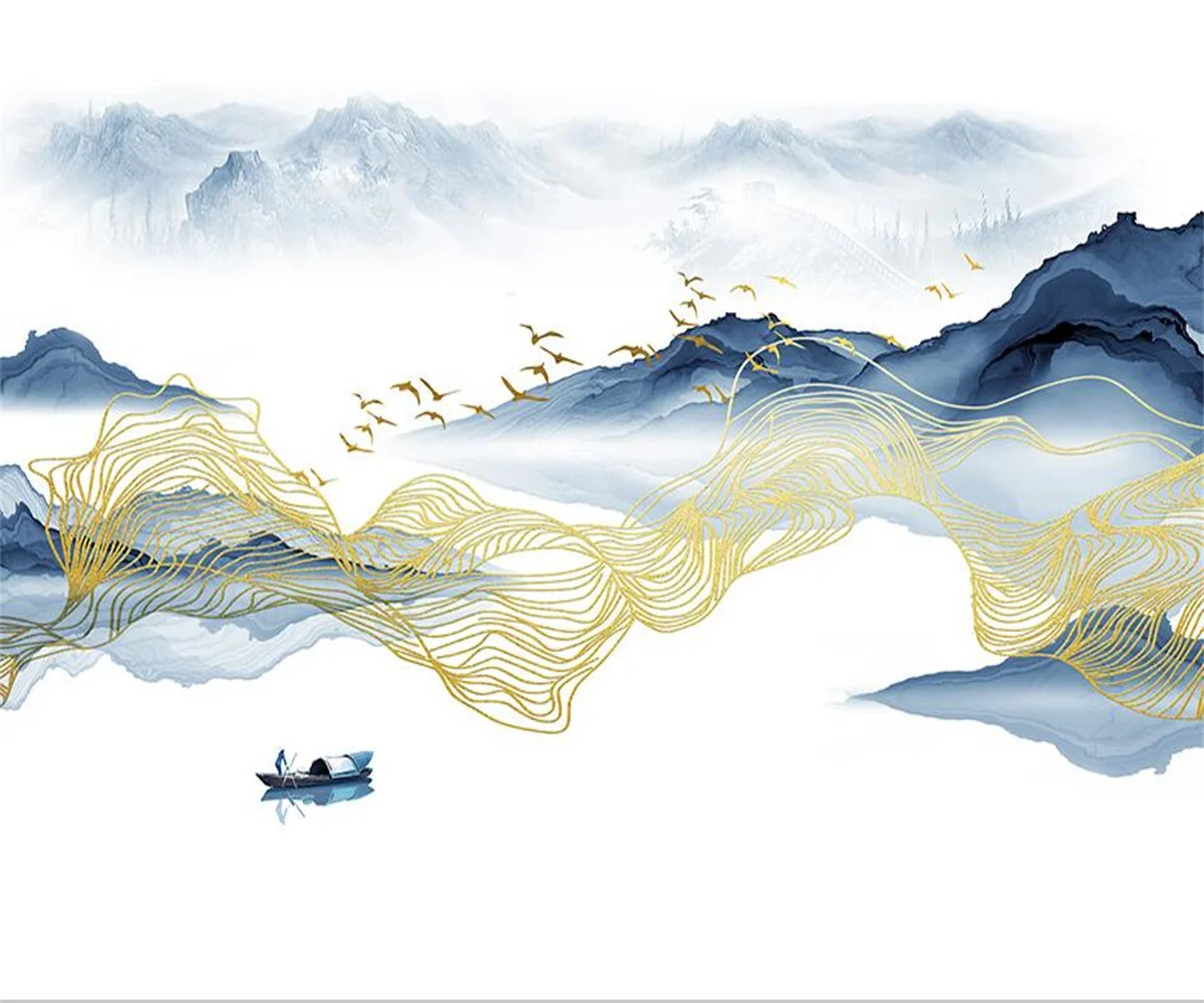 decorative painting Custom new Chinese style landscape ink postmodern line bird living room TV background wall 3d wallpaper