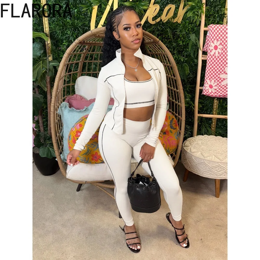 

FLARORA Casual Sporty Three Piece Sets Woman Stripe Patchwork Sleeveless Vest+Jacket+Pant Outfits Female Yoga Fitness Tracksuits