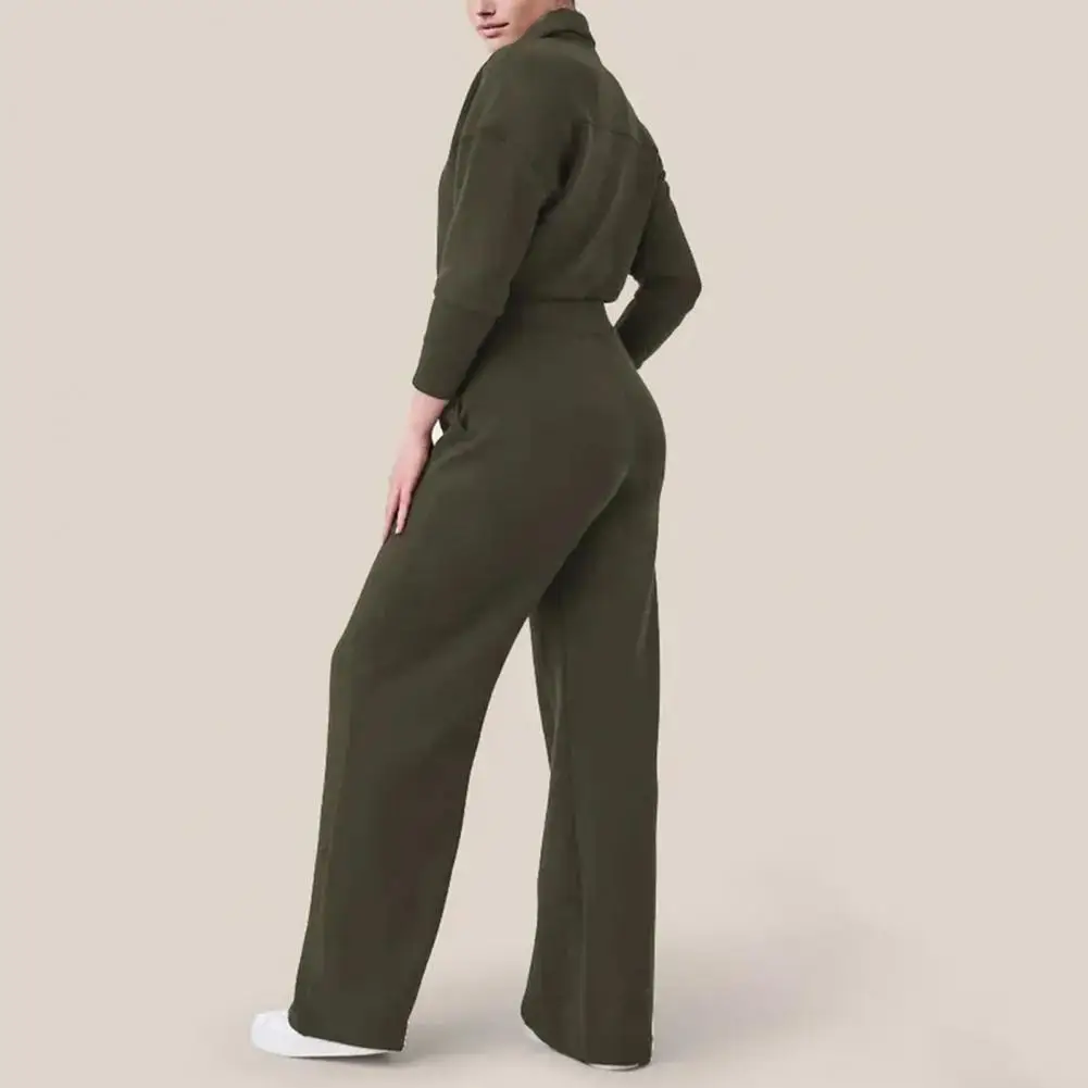 Jumpsuit met wijde pijpen Gezellige jumpsuit met reversrits voor dames Effen kleur Negende mouw Wijde pijpen met zakken Herfst Winter Damesoutfit