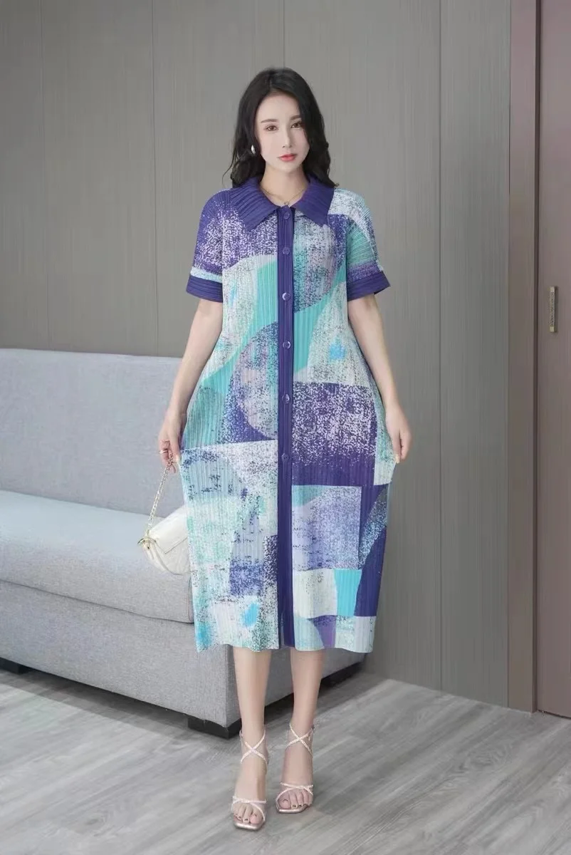 

Miyake Pleated Mid-length Dress, Loose and Elegant Printed Skirt, Lapel, Single-Breasted, Retro Women's Dress, Summer, New, 2022