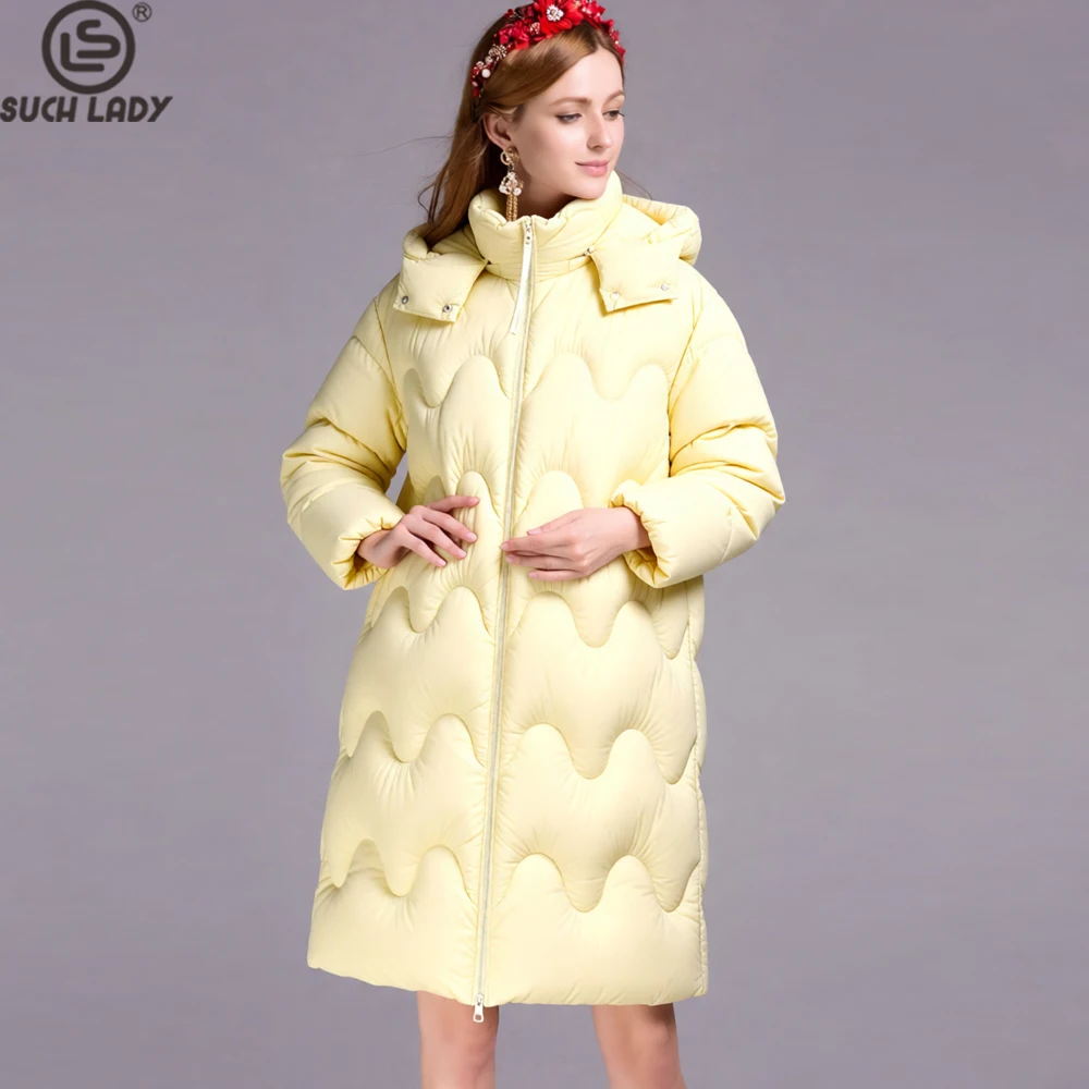 Women's Oversized Hooded Puffer Coat, Long Quilted Down Jacket with Wave Pattern, Yellow Winter Parka for Warmth & Style