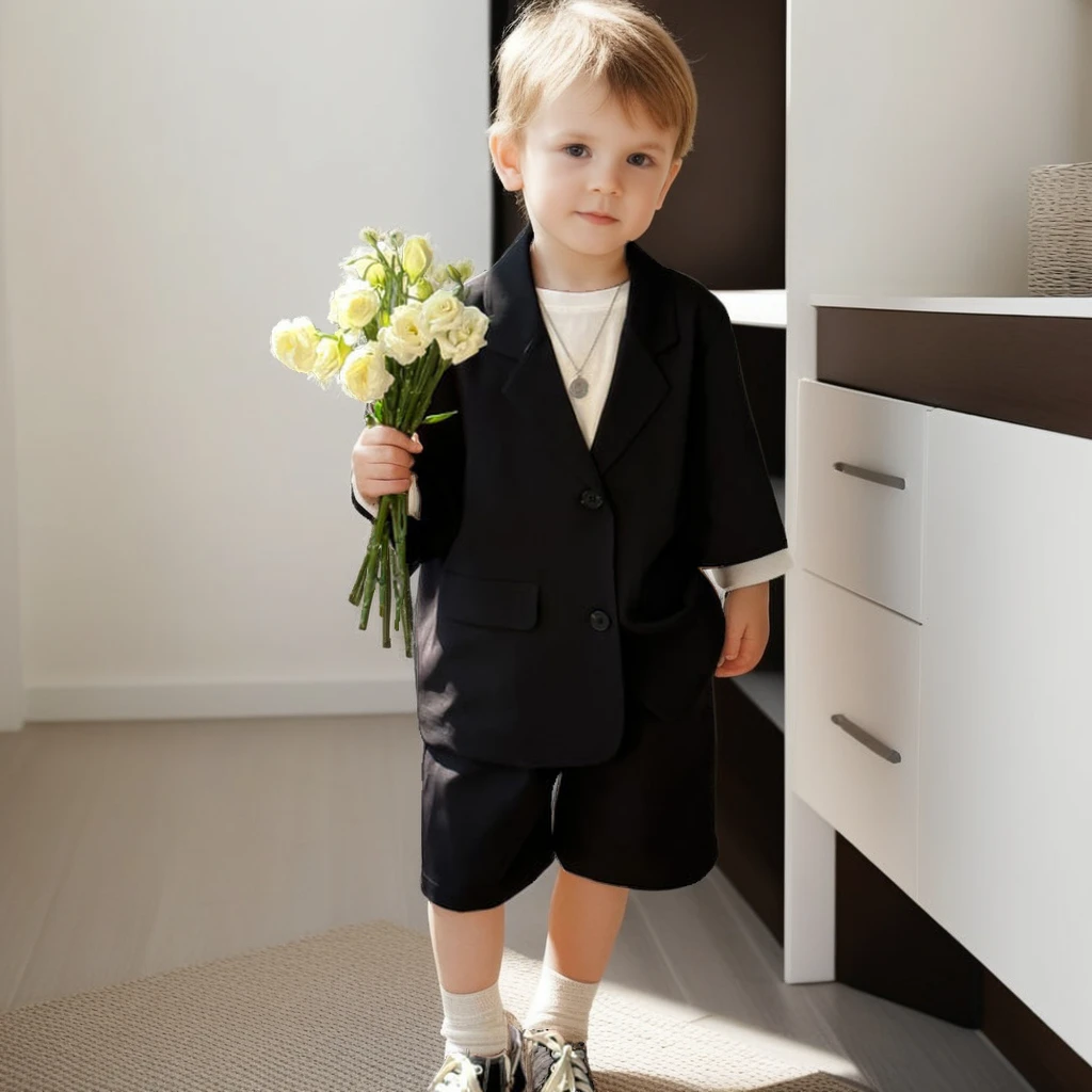 

Boys Summer Suit Set Korean Style Black Short Sleeve Blazer Shorts Outfit 2-Piece Casual Loose Formal Wear for Kids Age 3-8 Year