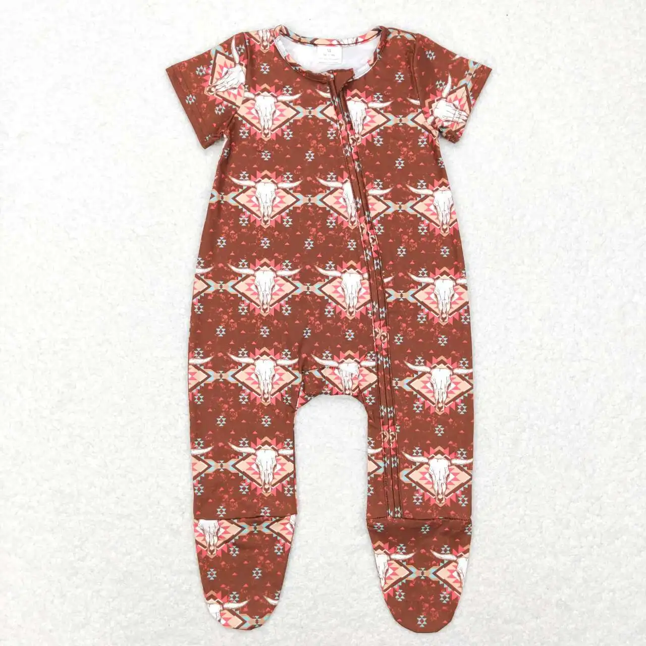 SR0199 kids clothing cow head geometric pattern short-sleeved jumpsuit brown color cotton romper