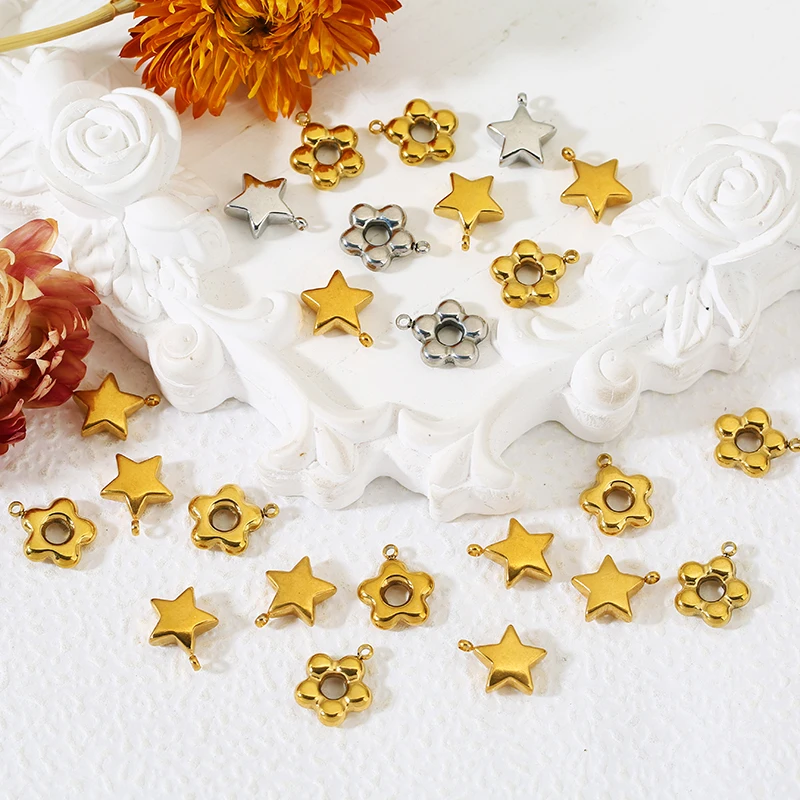 

5pcs Stainless Steel Large Hole Flower Pentagram Charms Gold Pendant for Women Jewelry Making Findings Handmade Accessories