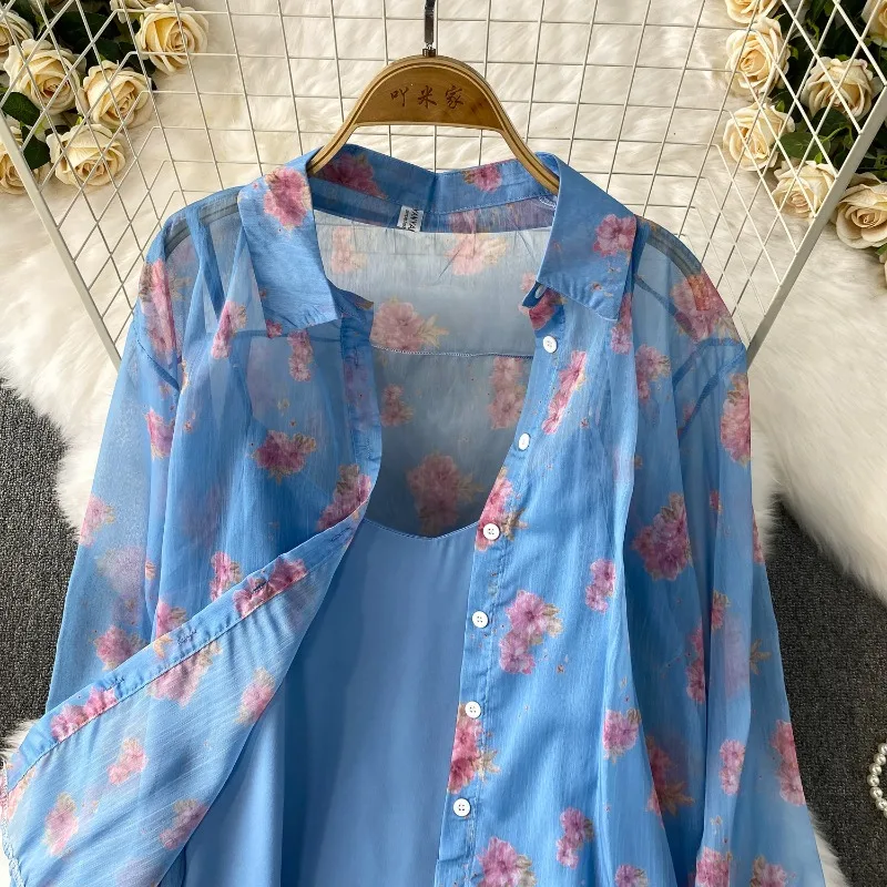 Ensemble deux pièces pour chemise de protection solaire, veste + robe longue ample, motif Floral bleu fin, à manches longues, costumes élégants à la mode, été 2026