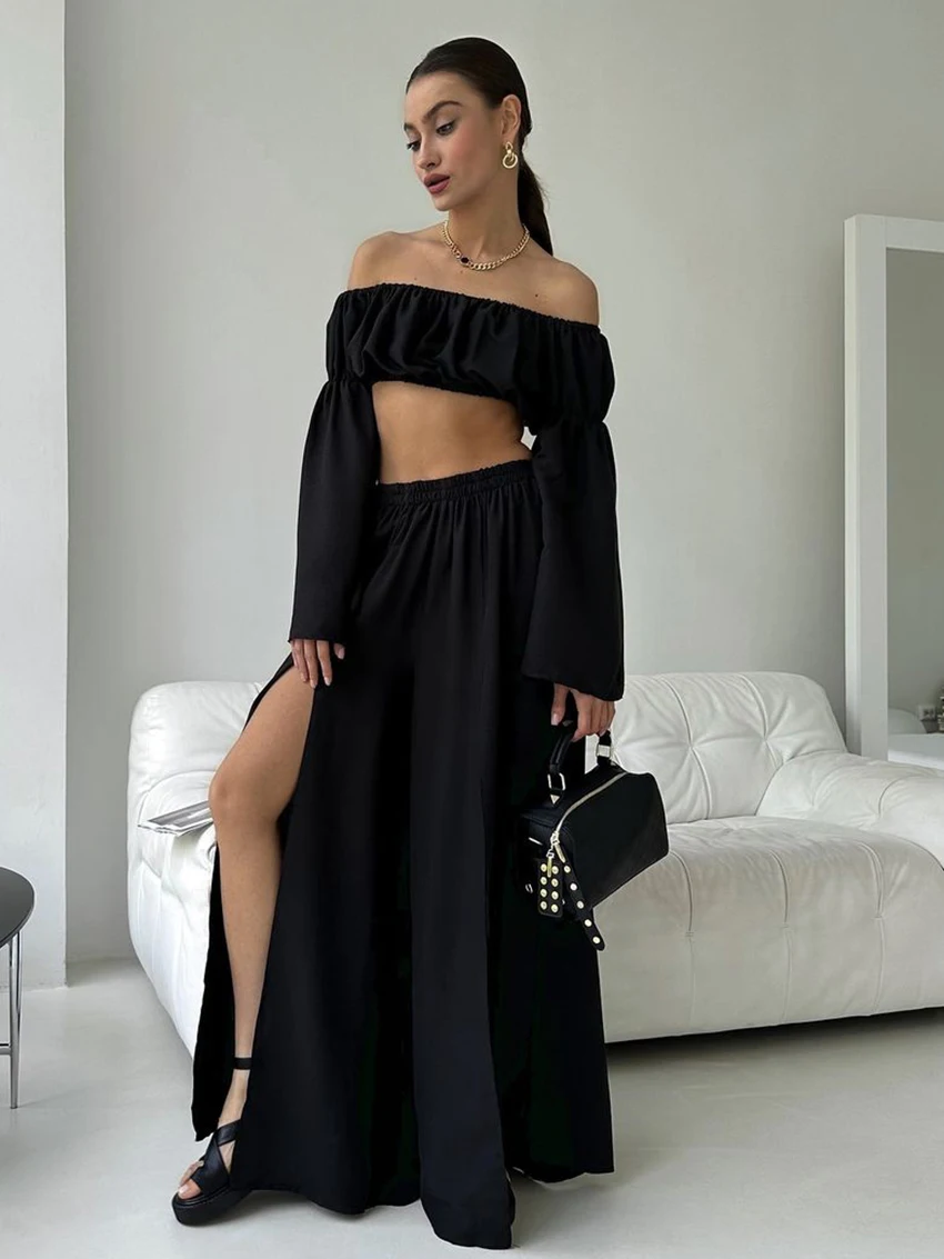 

Marthaqiqi Casual Ladies Nightwear Suit Sexy Slash Neck Sleepwear Long Sleeve Nightie Crop Top Pajama Split Pants Nightgowns Set