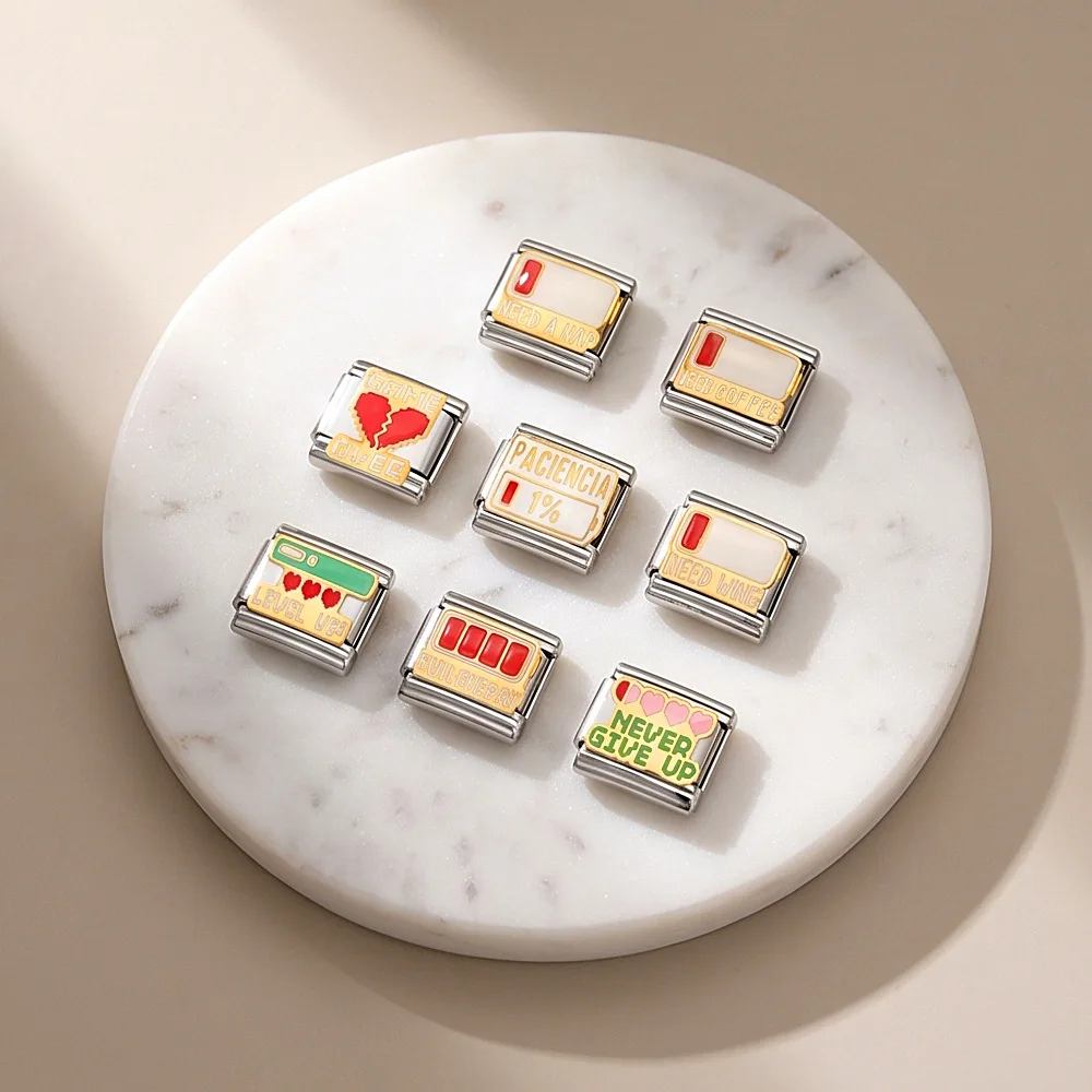 Italian Charm Bracelet Stainless Steel Modular Links Retro 8-Bit Gamer Pixel Heart Level Up Enamel Charms Personalized Jewelry