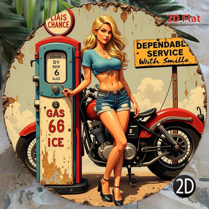 Vintage Sign Company 8inch Vintage Metal Wall Art, Vintage Motorcycle Gas Station Tin Sign 1950S Pin up Bar Cafe Decoration