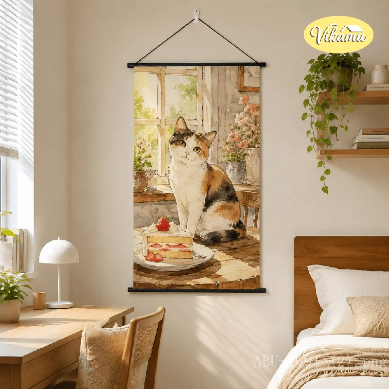 VIKAMA Watercolor Hanging Scroll Calico Cat Strawberry Cake Window Canvas Poster Wall Hanging Cute Cottagecore Wall Decor