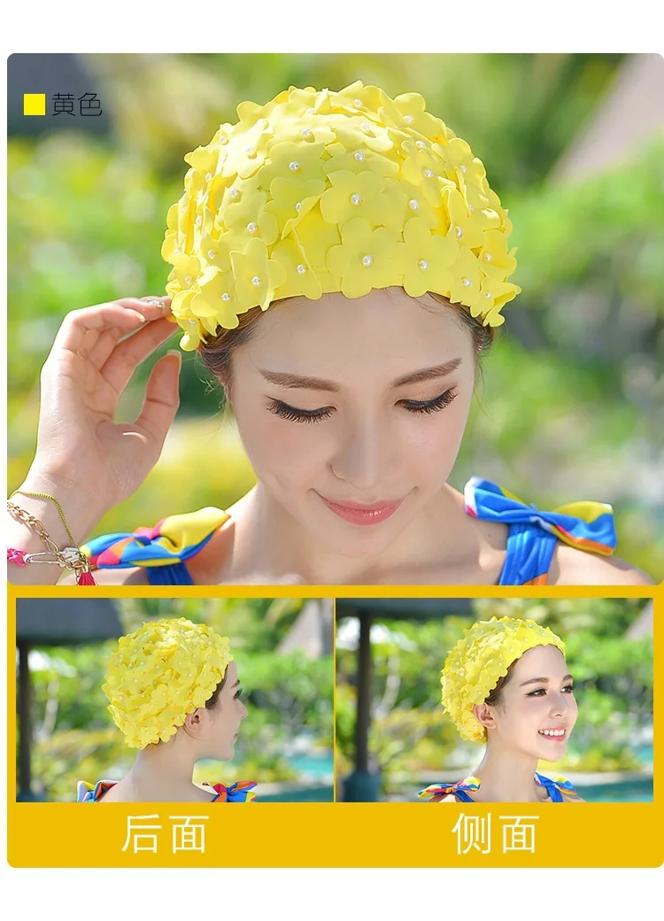 Pearl Three-dimensional Petal Swimming Cap Women's Vacation Hot Spring Long Short Hair Swim Caps Female Fashion New Summer