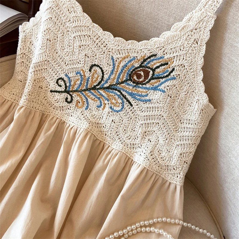 Feather Print Cami Short Dress for Women Sweet Crochet Lace Spaghetti Strap Summer Beach Dress AM7009