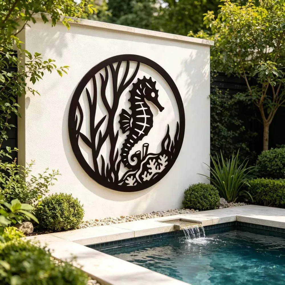 Seahorse Metal Wall Art, 2D Flat Laser Cut Coastal Underwater Silhouette Wall Sculpture, Nautical Boho Style