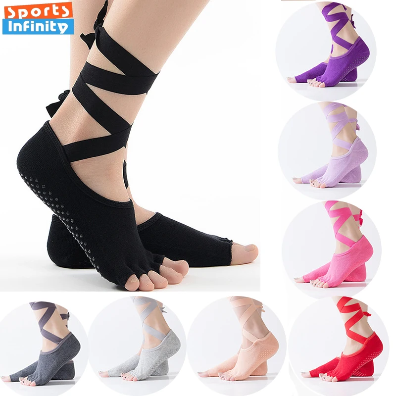 Fashion Professional Pilates Yoga Socks Anti Slip Women Strap FiveToes and Backless Ballet Dance Socks Gym Fitness Sports Socks