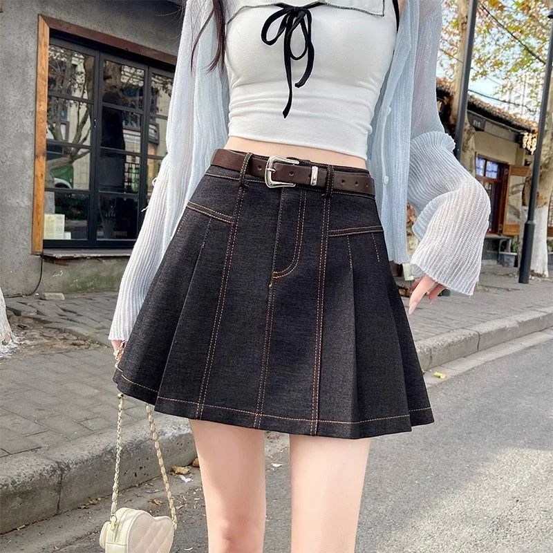 

Джинсовая юбка трапециевидной формы в стиле ретро для маленьких женщин с высокой талией для похудения и защитой от воздействия