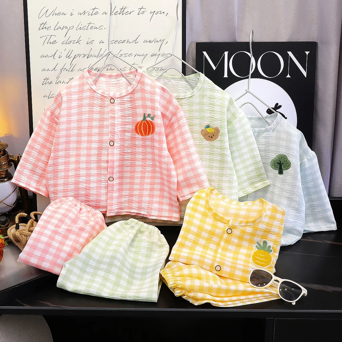 2026 Autumn Kids Plaid Pajama Set 2Pcs Long Sleeve Button Up Top + Pants Cute Embroidery Sleepwear Boys Girls Loungewear