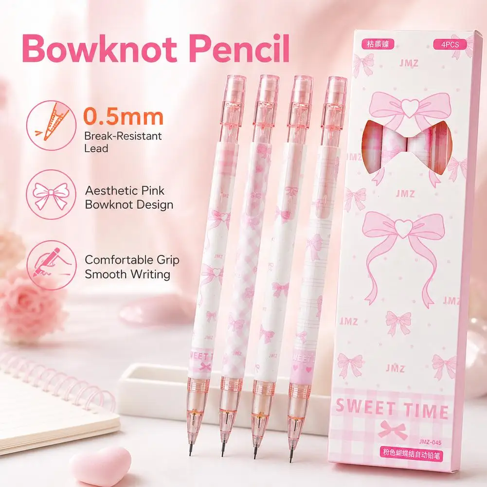 4/8PCS Pink Bow Mechanical Pencil Set 0.5mm Cute Kawaii Retractable Pencil School Office Supplies Smooth Writing