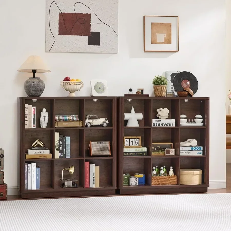 Living room and home office bookshelf: walnut wood 9-cube organizer with curved edge, 40.5 wide floor-standing 3-tier cubby she view 6