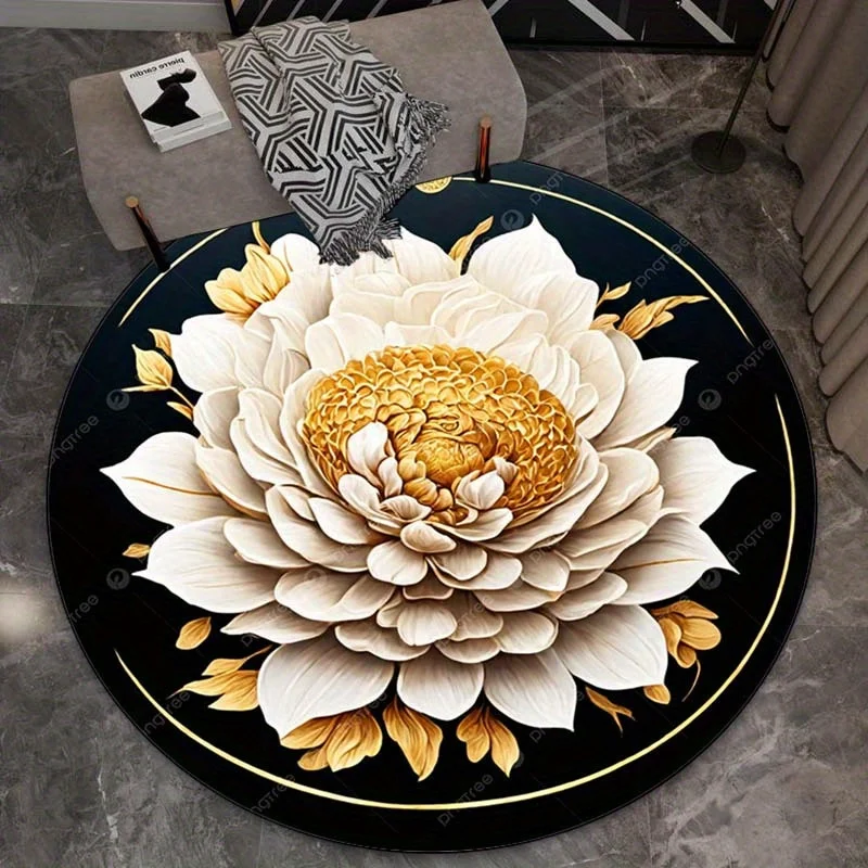 

White Lotus with Gold Center Round Rug – Elegant Floral Crystal Velvet Mat for Living Room & Bedroom