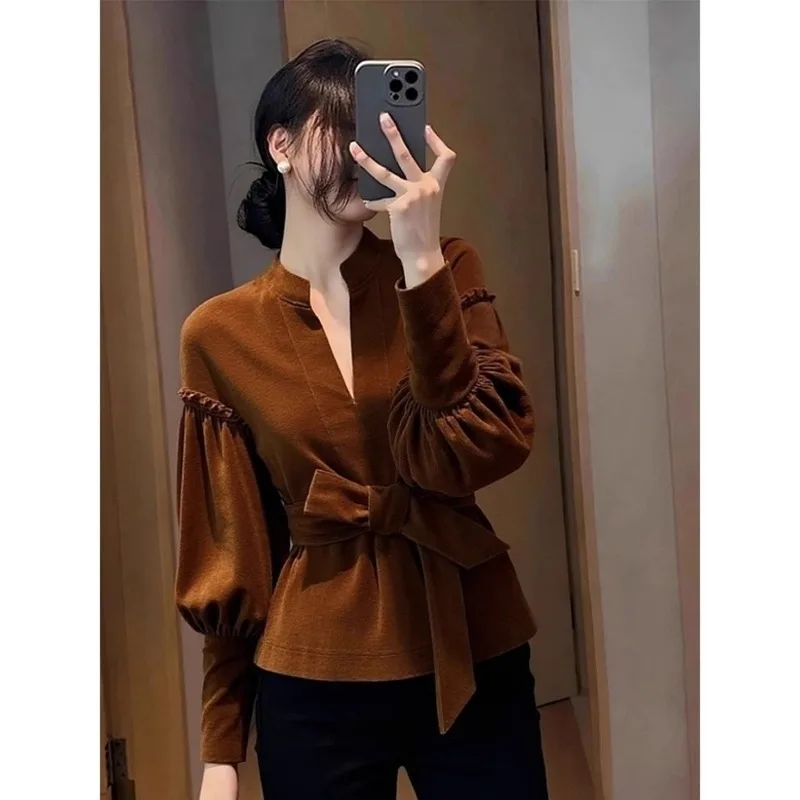 جديد الراقية المخملية بلوزة المرأة الخريف موضة أنيقة الخصر النحيف الدانتيل يصل القوس فانوس كم الخامس الرقبة بلون علوي مكتب سيدة #4