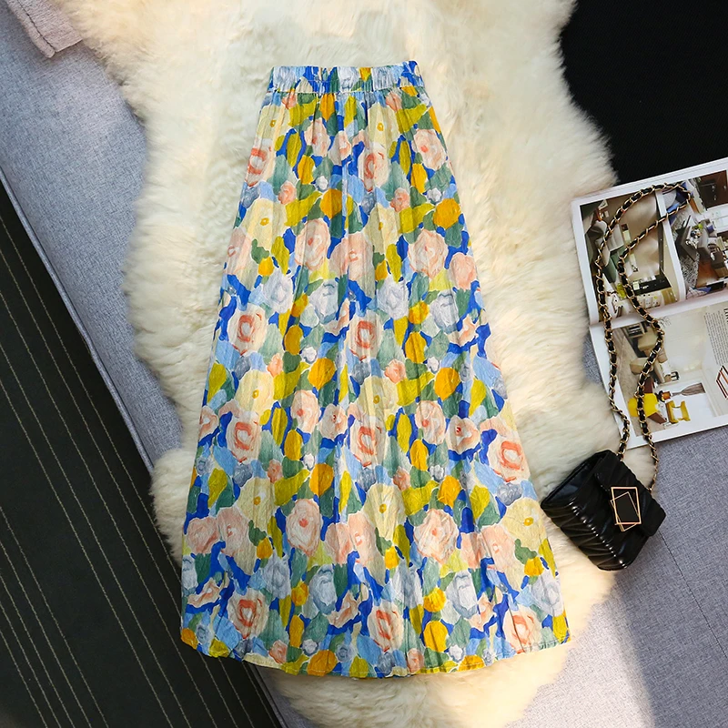

New Summer Ral For Women Korean Style A-E Pleated Long Skirts Vintage Elastic High Waist Female Skirt 2025