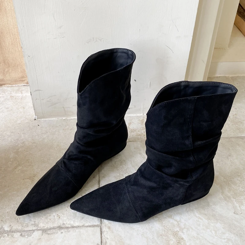 Aneikeh Black Autumn Winter Fashion Vintage Ladies Pointed Toe Pleated Ankle Boots Woman Height Increasing Shoes Botas Feminina