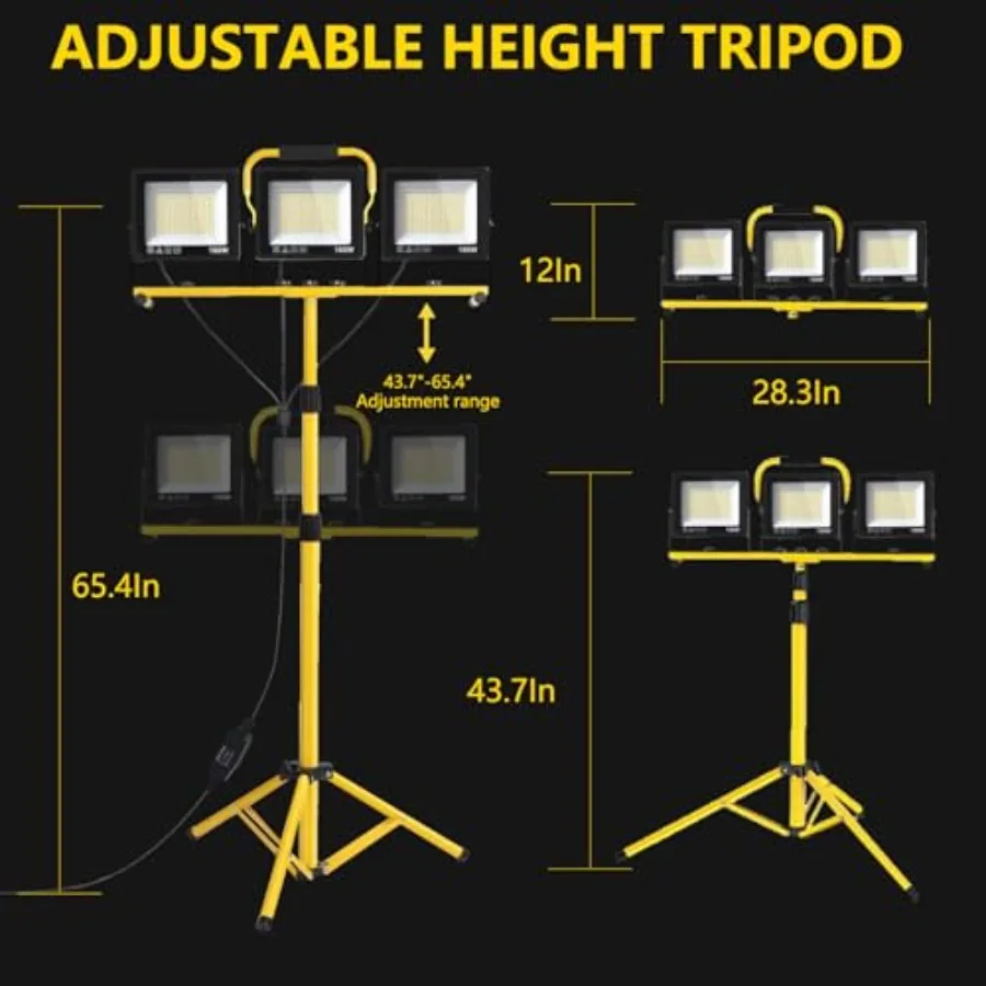 32000LM LED Work Light with Tripod, 3x100W 3-Head Floodlight, Plug-in 120V, 3 CCT 3000K/5000K/6500K, 360° Adjustable, IP66, 43.