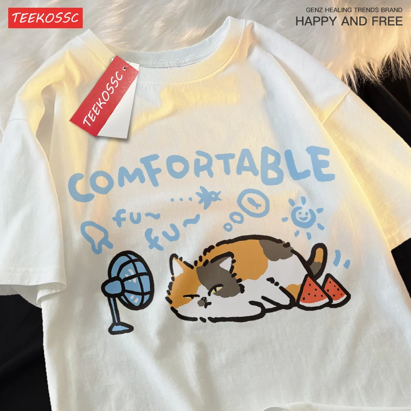 Comfortable Three Flowers Casual Loose Summer Breathable Short Sleeved T-shirt Men Women Stubborn Watermelon Blowing Fan Cotton