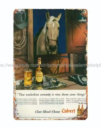 1946 Liquor Ad Calvert Reserve Blended Whiskey Ranch Horse metal tin sign