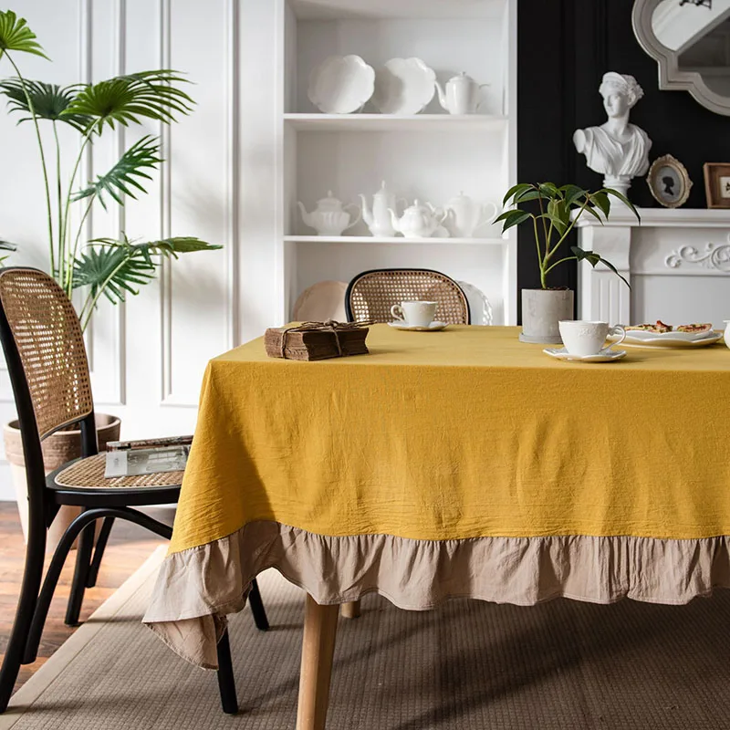 Polyester Linen Solid Tablecloth with Flounces Lightweight High-End Japanese Table Cover Luxury Dust-Proof Anti-Dirt Desk Pad