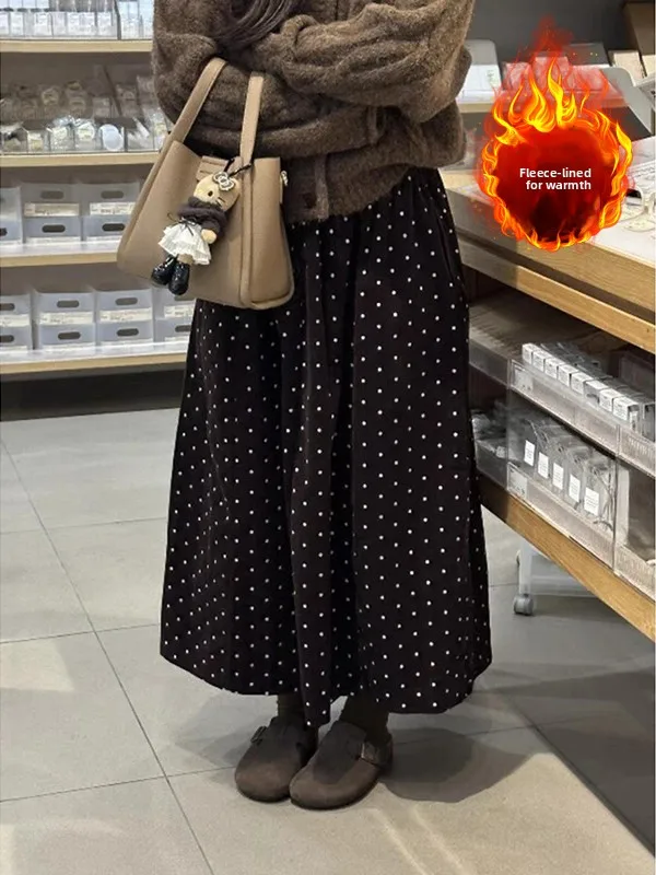 

Retro Polka Dot Corduroy Fleece Lined a Line Midi Skirt plus Size Women's High Waist Warm Casual Vintage Style Skirt