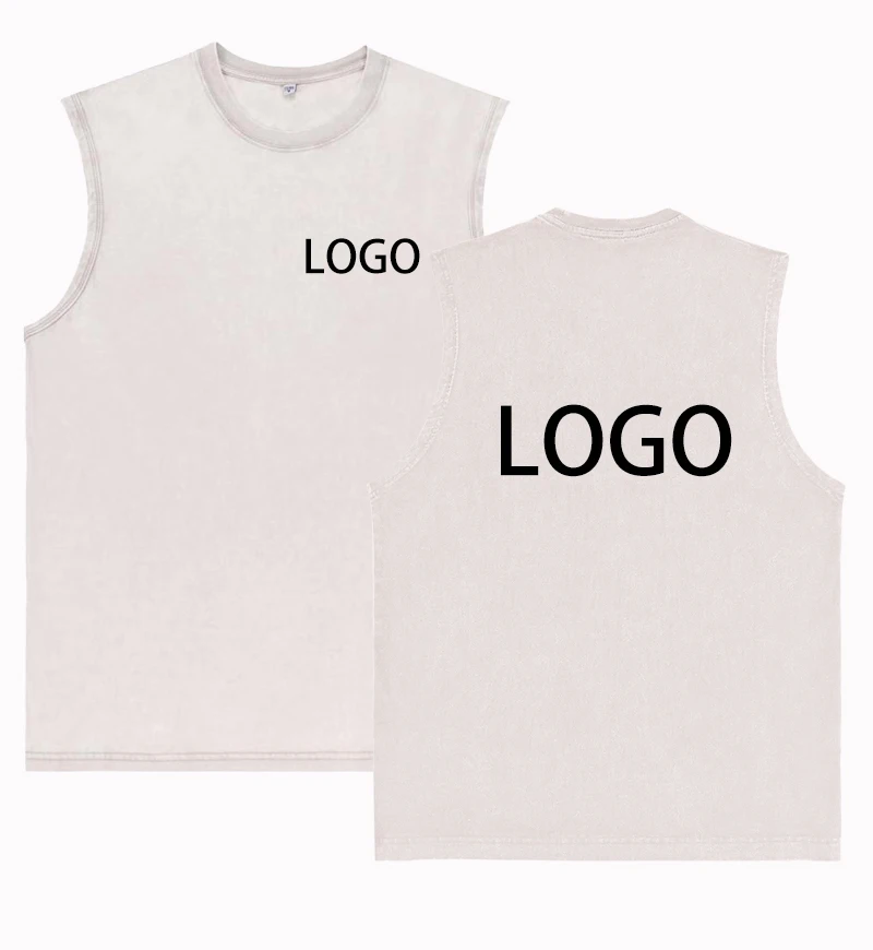 DIY Customise Your Brand Logo Vintage Washed Fabric 100% Cotton Crew Neck Vest High Quality Summer T-Shirt