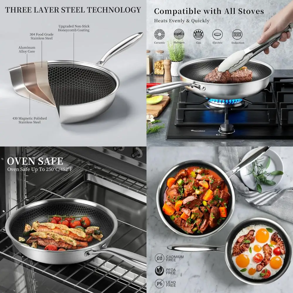 

Набор сковород из нержавеющей стали с антипригарным покрытием Honeycomb, 9,5 и 11 дюймов, с крышками, совместим с индукционными и газовыми плитами