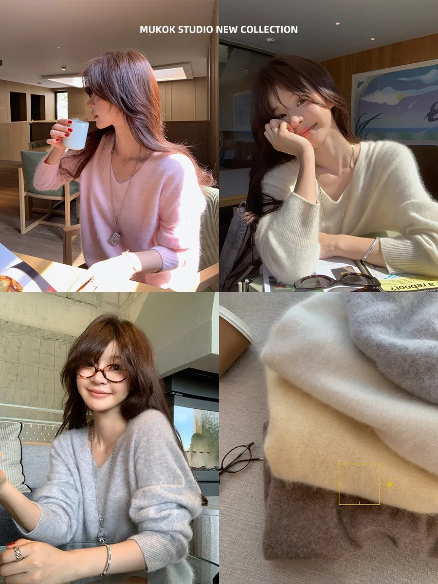 

MUKOK Woolen Knitted Long Sve Sweater Soft Cozy V-Ne Overhead Simple Sle Women's Casual Faion Comfortable Winter Top
