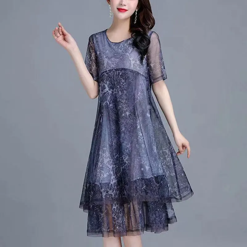 

Stylish Gauze Patchwork Loose Dresses Female Clothing Casual O-Neck 2024 Summer New Short Sleeve Vintage A-Line Waist Midi Dress