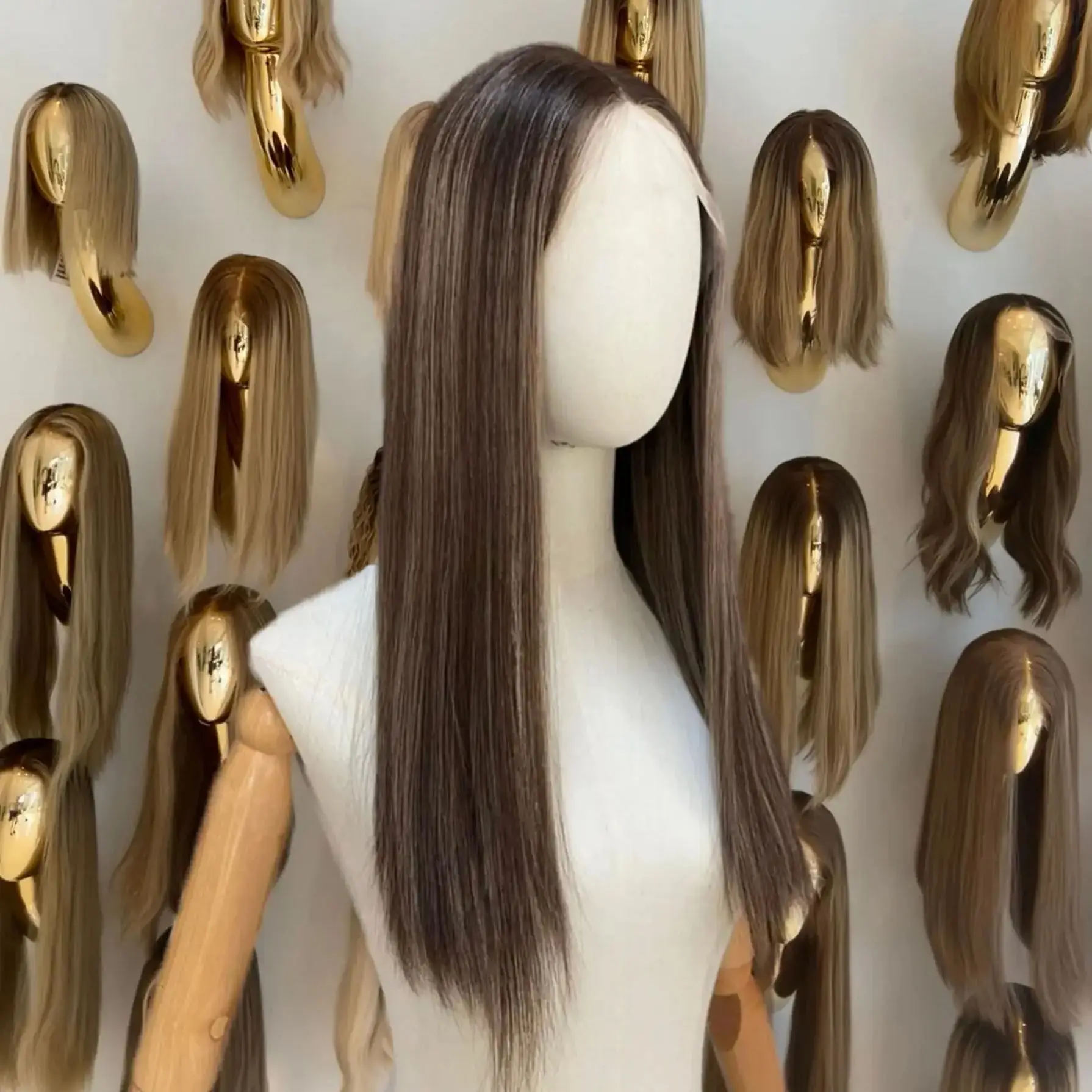 Soft Natural Straight Chestnut Brown with Blonde Highlights Synthetic Lace Frontal Wigs Small/Large Size Cap Preplucked Hairline